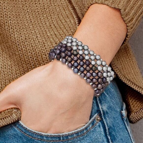Sterling Silver Black/Grey Cultured Pearl Stretch Bracelet: A Timeless Accessory - Picture 1 of 3